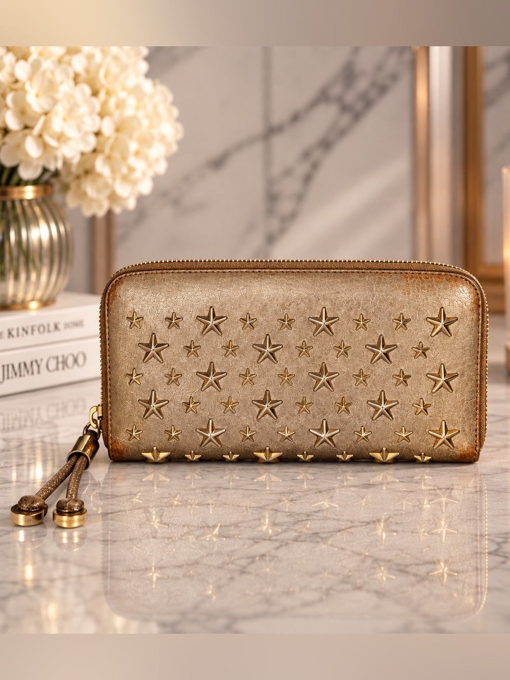 Jimmy Choo Gold Metallic Zip Around Wallet Leather Continental Wallet Dust Bag
